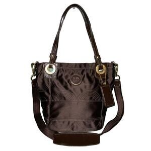 Coach Alex Signature Sateen Patent Leather Large Brown Tote Bag Purse
